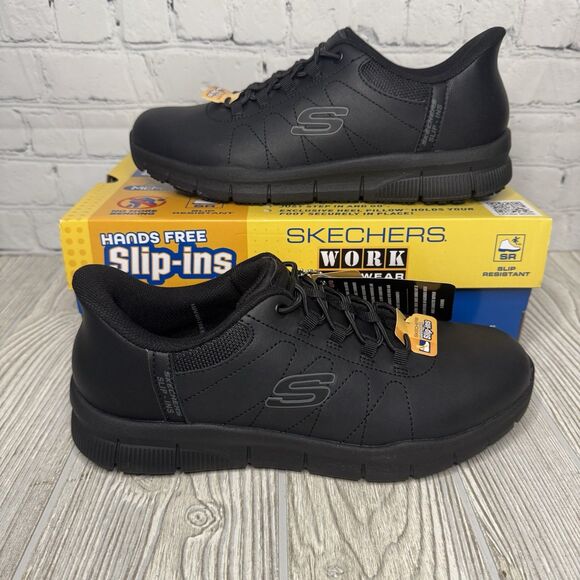 Skechers Slip Ins Work Shoes Women’s 10 Black Slip Resistant New - Picture 1 of 11